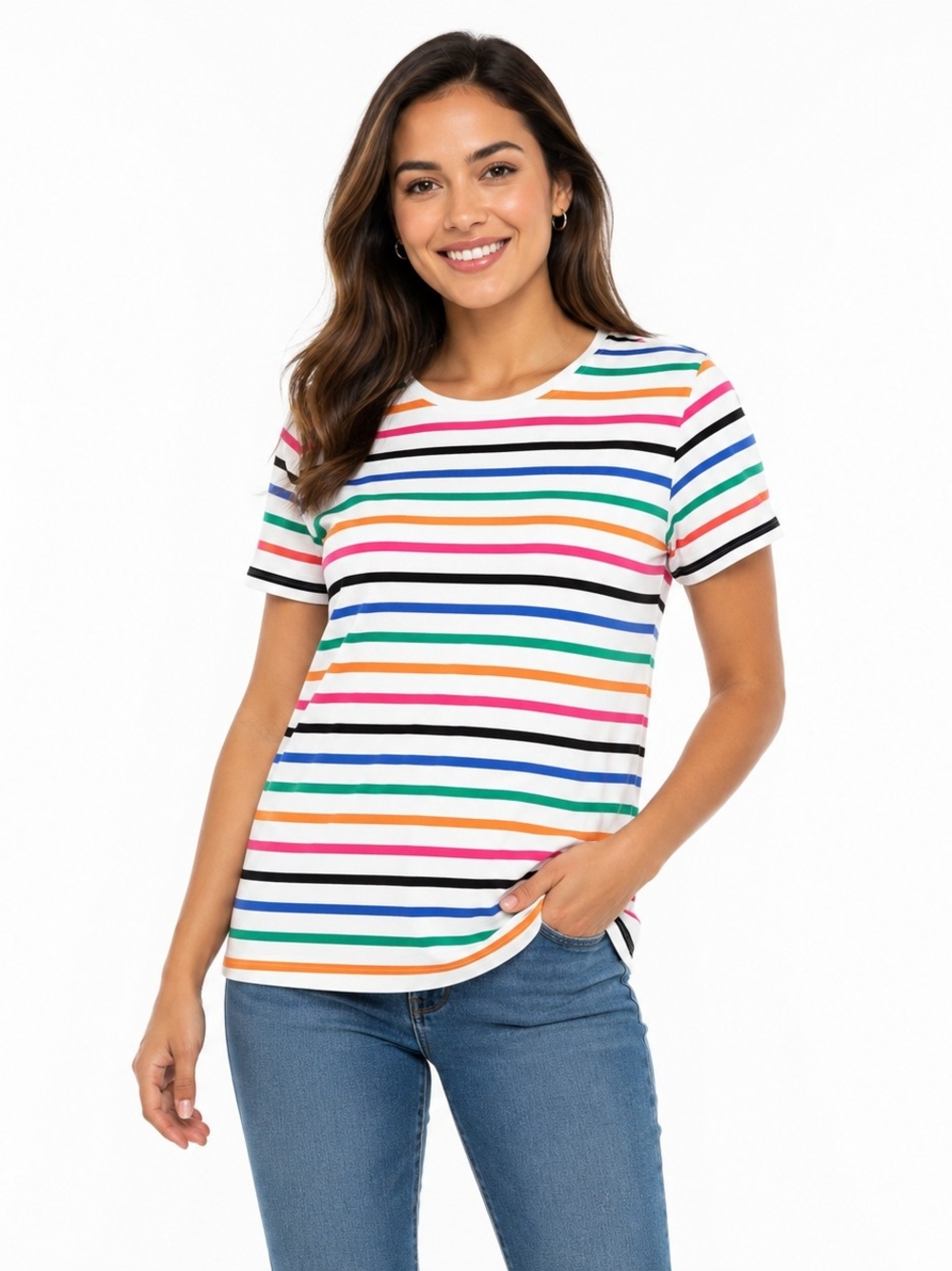 Talbots White Multi-Stripe Short Sleeve Crew Tee